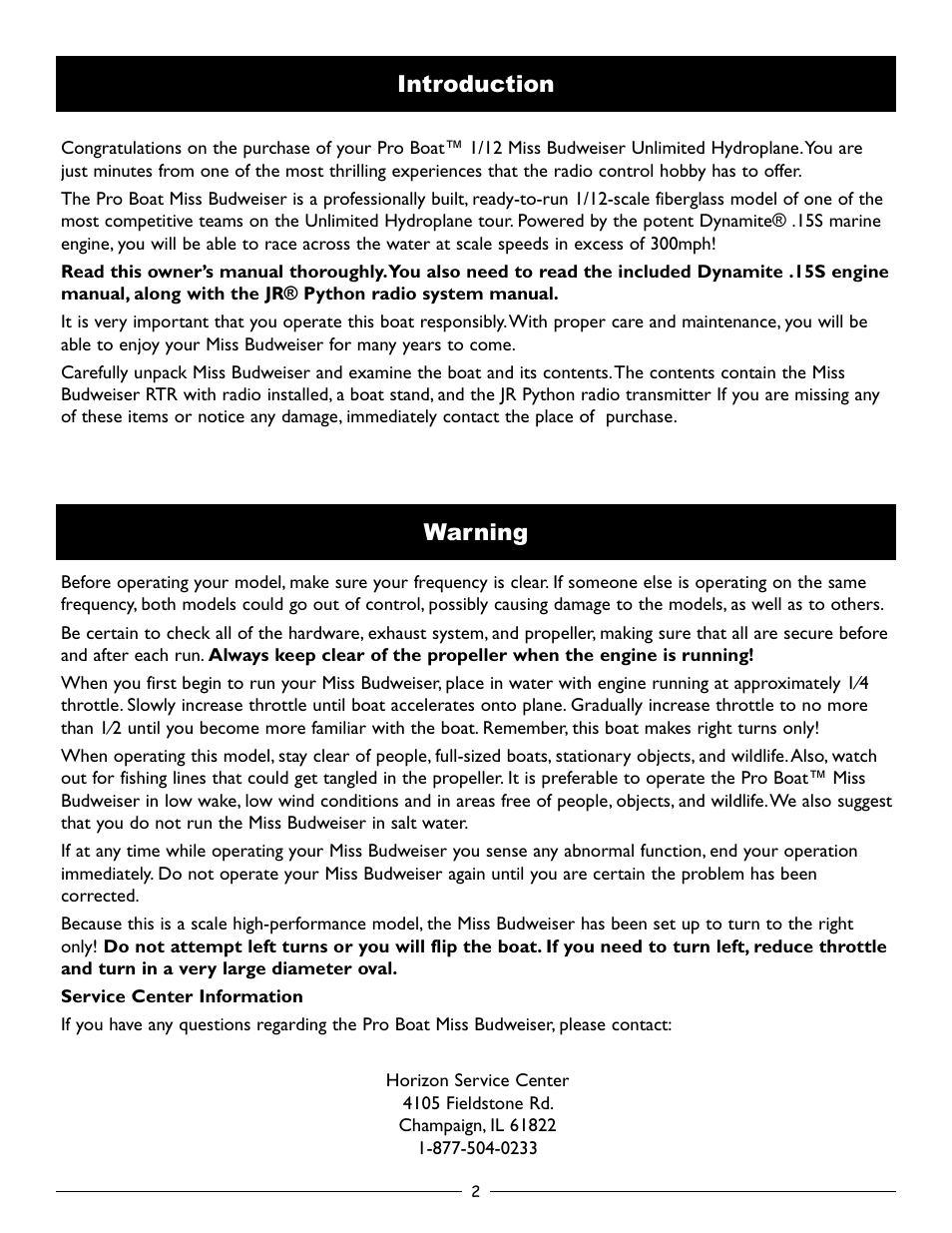 Introduction, Warning, Introduction warning | Pro Boat PRB2200 V.1 User Manual | Page 2 / 16