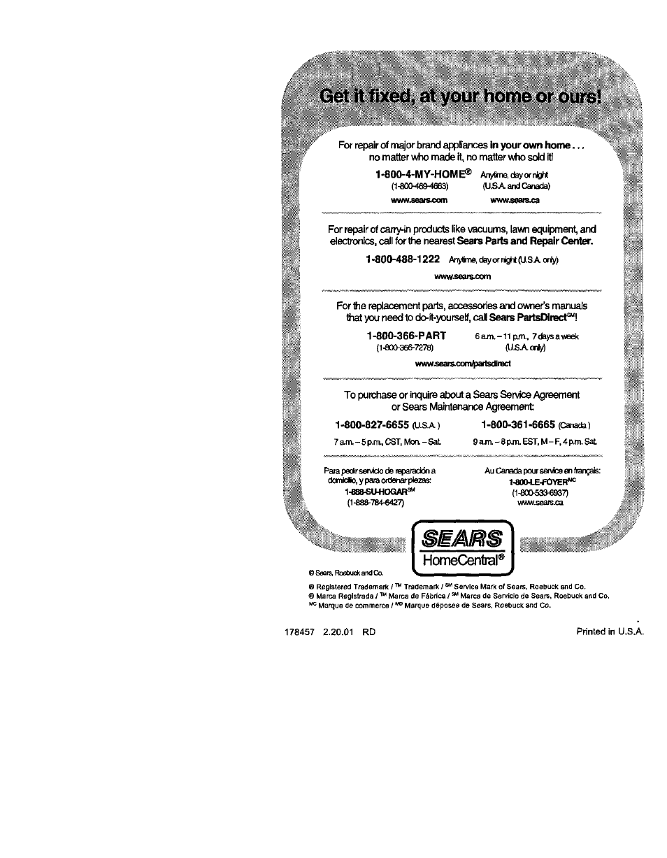 Homecentral, Get it fixed, at your home or ours | Craftsman 917.272054 User Manual | Page 60 / 60