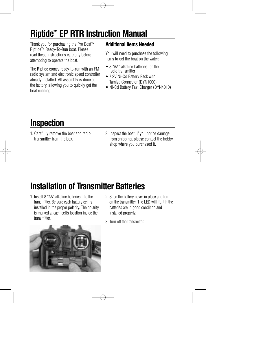 Riptide, Ep rtr instruction manual, Inspection | Installation of transmitter batteries | Pro Boat PRB2300 User Manual | Page 2 / 4