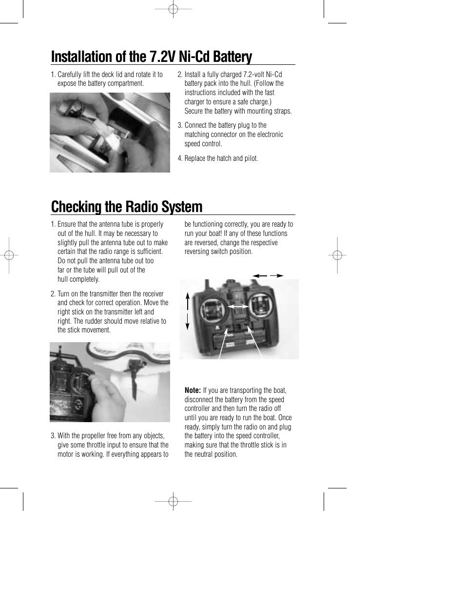 Installation of the 7.2v ni-cd battery, Checking the radio system | Pro Boat PRB2300 User Manual | Page 3 / 4