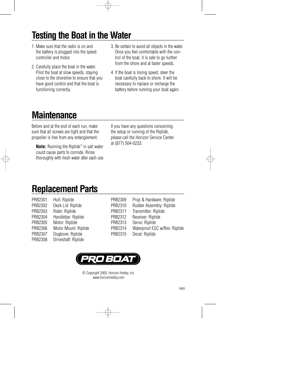 Testing the boat in the water, Maintenance, Replacement parts | Pro Boat PRB2300 User Manual | Page 4 / 4