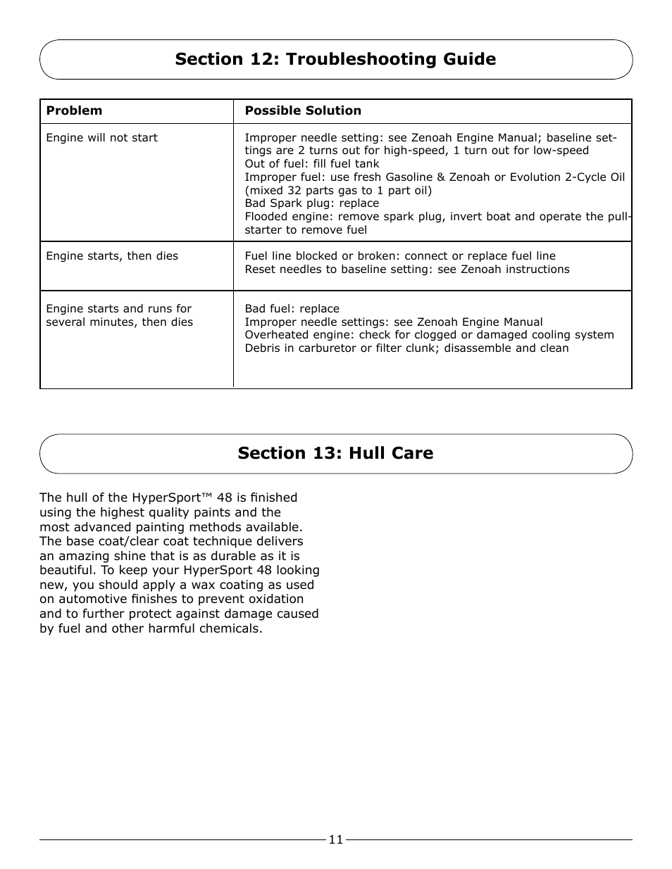 Section 12: troubleshooting guide, Section 13: hull care | Pro Boat PRB2350 User Manual | Page 11 / 20