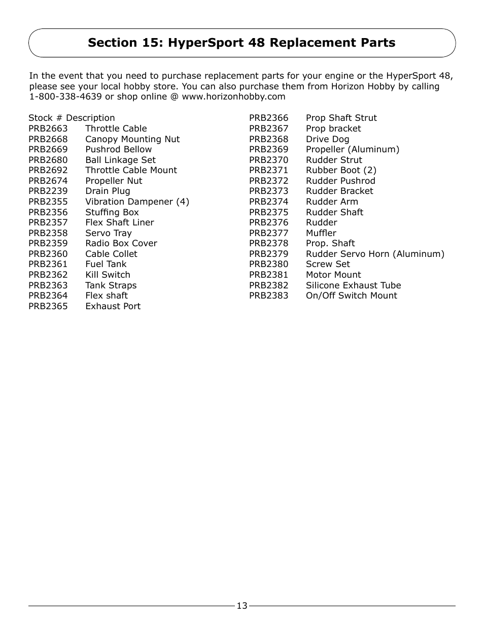 Section 15: hypersport 48 replacement parts | Pro Boat PRB2350 User Manual | Page 13 / 20