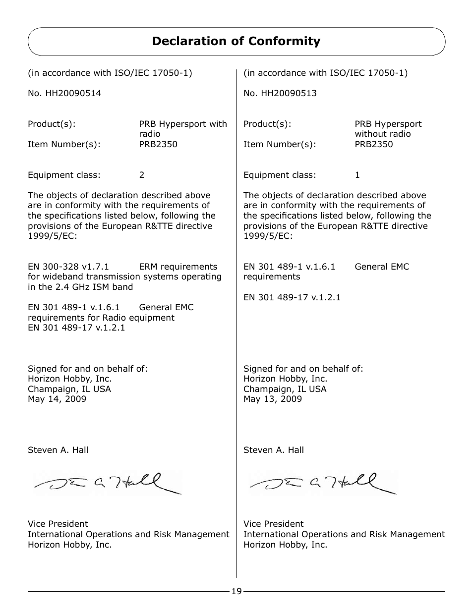 Declaration of conformity | Pro Boat PRB2350 User Manual | Page 19 / 20