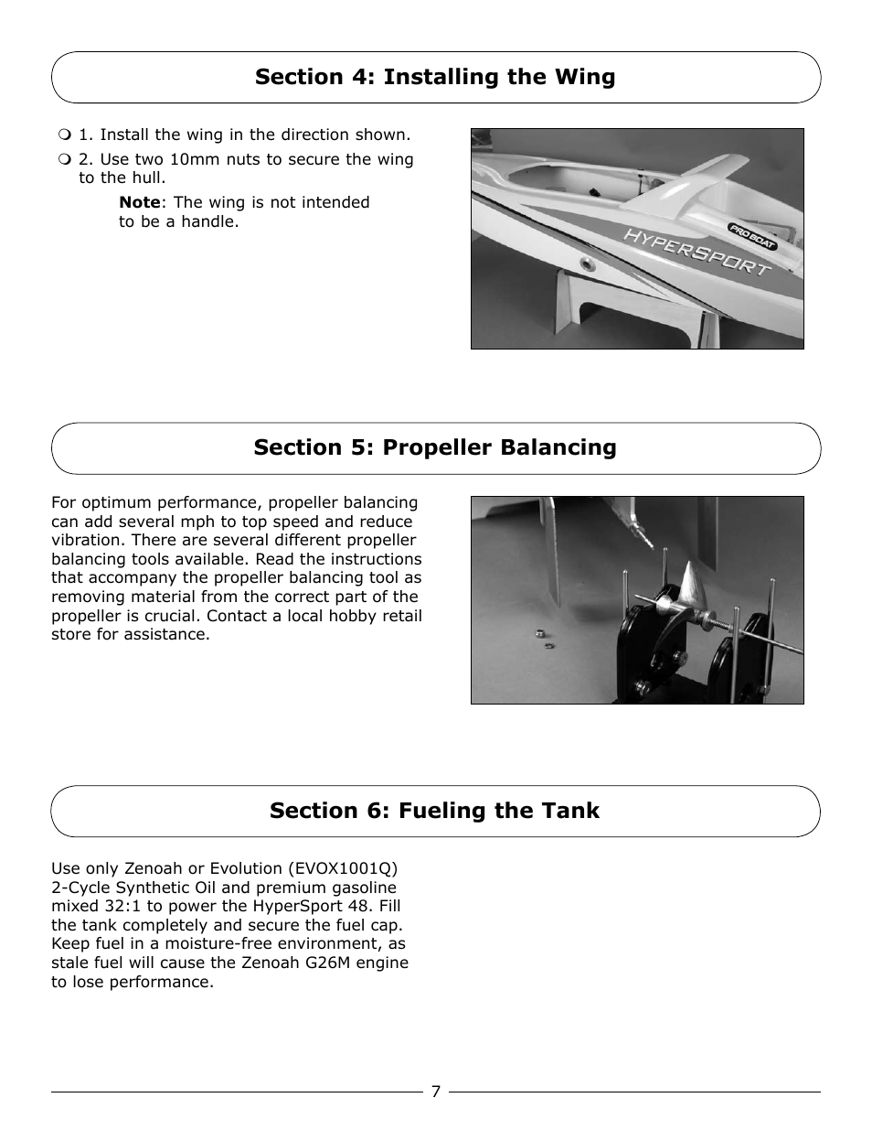 Section 4: installing the wing, Section 5: propeller balancing, Section 6: fueling the tank | Pro Boat PRB2350 User Manual | Page 7 / 20