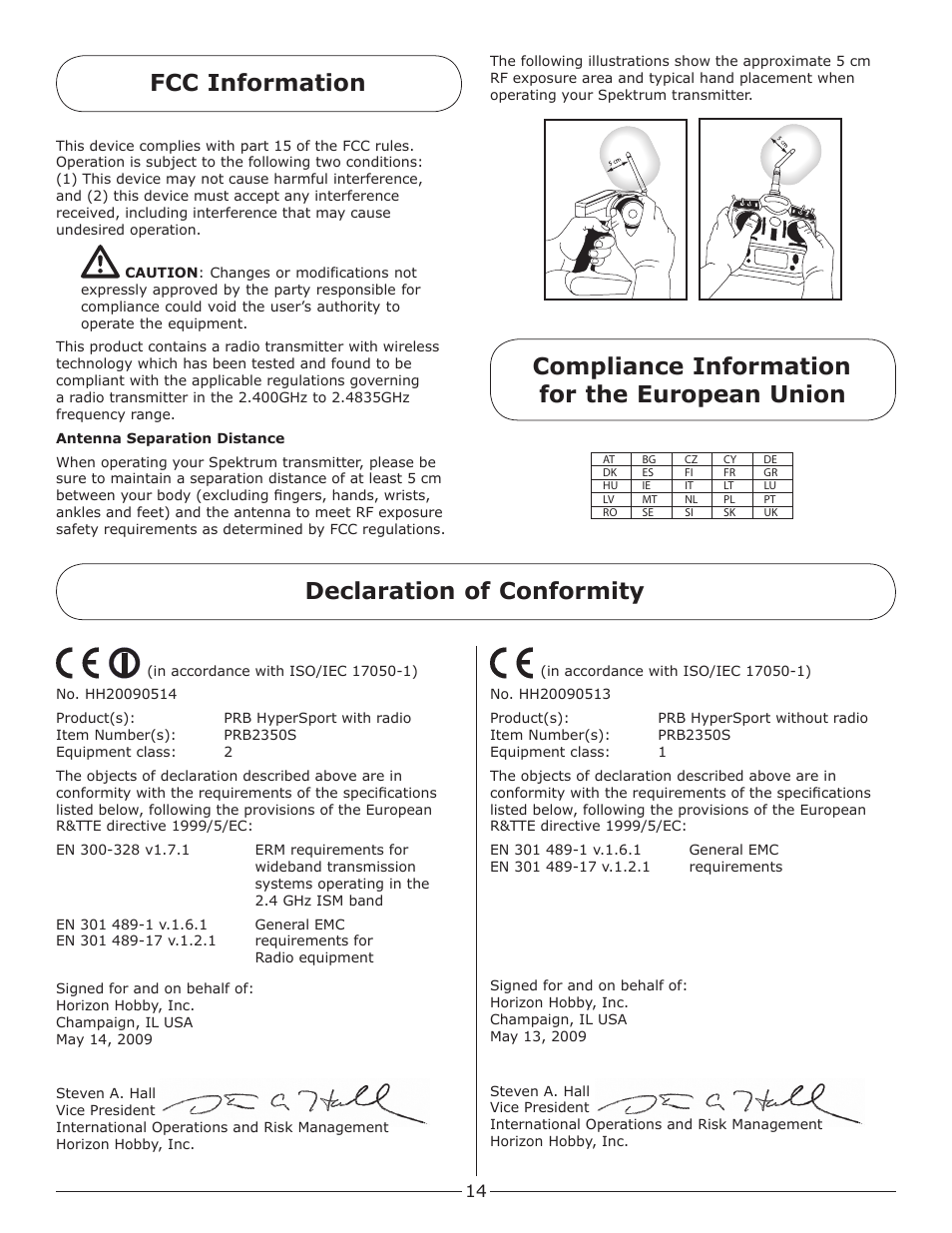 Declaration of conformity fcc information, Compliance information for the european union | Pro Boat PRB2350S User Manual | Page 14 / 16