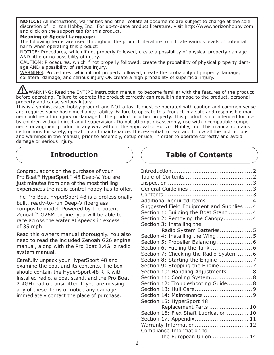 Table of contents introduction | Pro Boat PRB2350S User Manual | Page 2 / 16