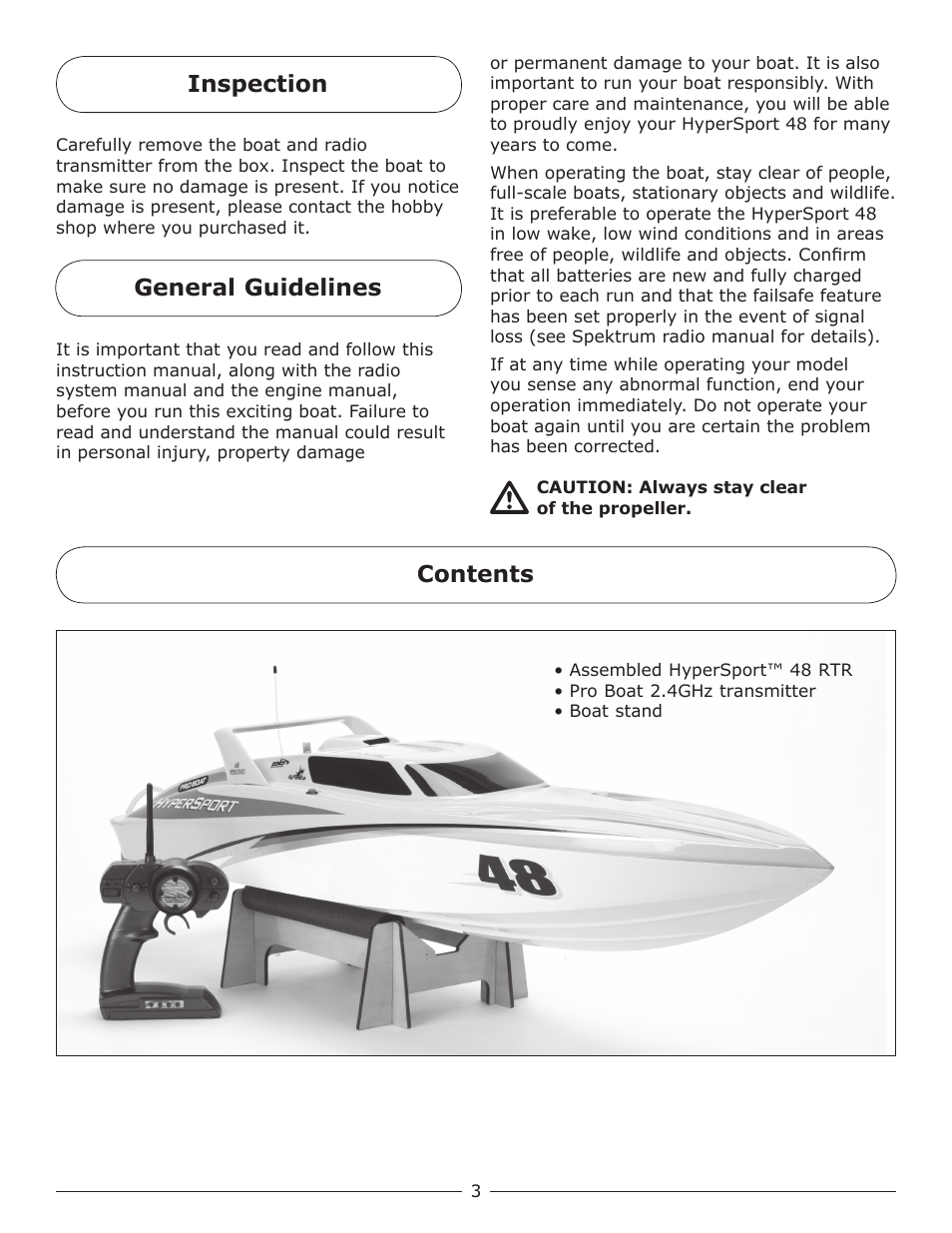 Inspection, General guidelines contents | Pro Boat PRB2350S User Manual | Page 3 / 16