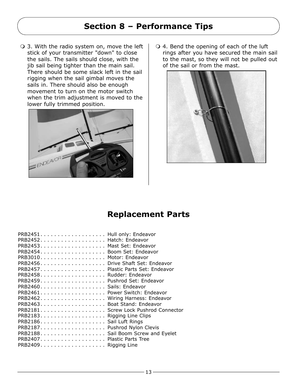 Section 8 – performance tips, Replacement parts | Pro Boat PRB2450 User Manual | Page 13 / 20