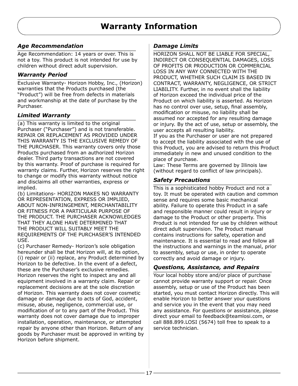 Warranty information | Pro Boat PRB2450 User Manual | Page 17 / 20