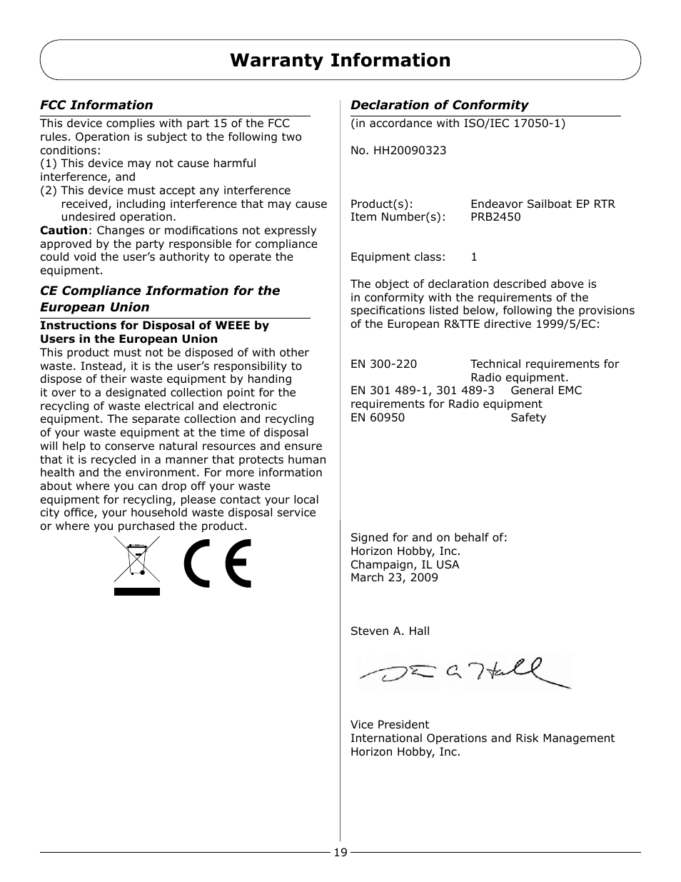 Warranty information | Pro Boat PRB2450 User Manual | Page 19 / 20