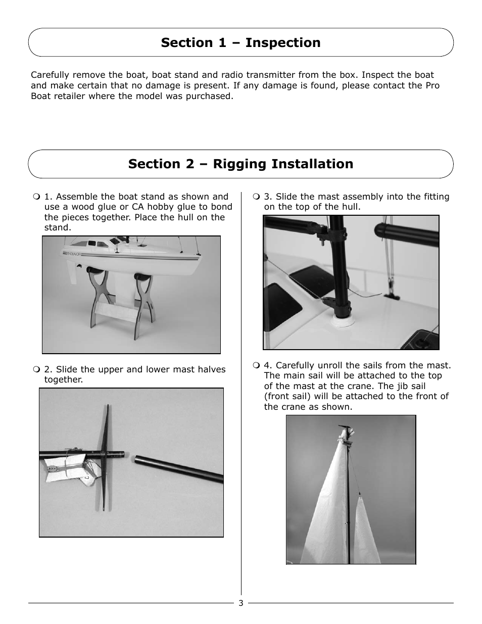 Section 1 – inspection, Section 2 – rigging installation | Pro Boat PRB2450 User Manual | Page 3 / 20