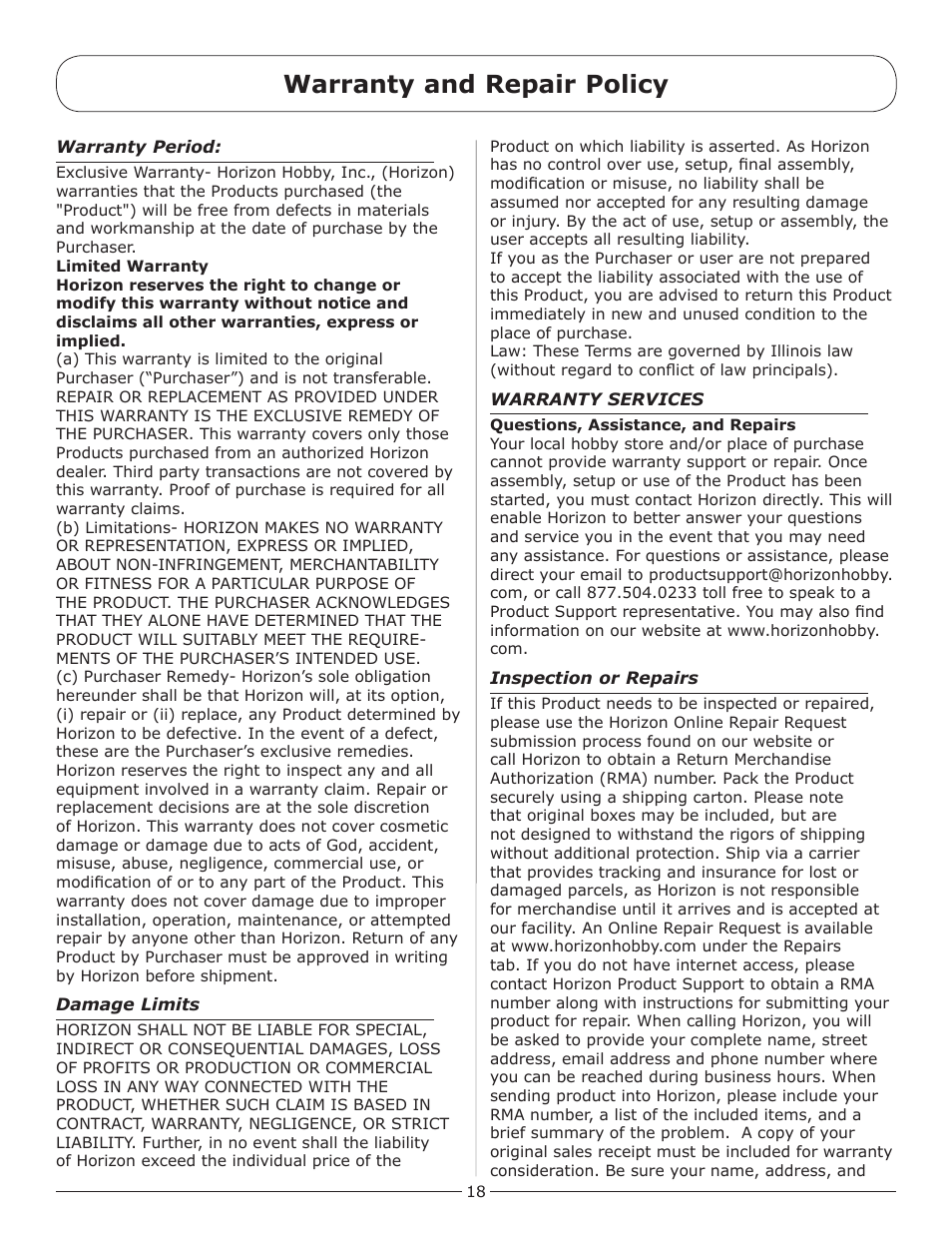 Warranty and repair policy | Pro Boat PRB2450S User Manual | Page 18 / 20
