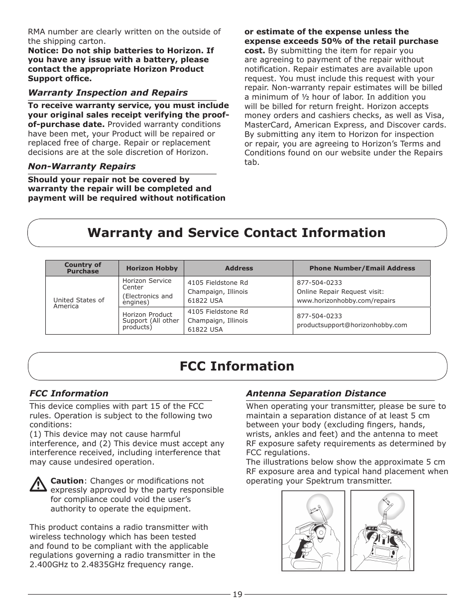 Warranty and service contact information, Fcc information | Pro Boat PRB2450S User Manual | Page 19 / 20