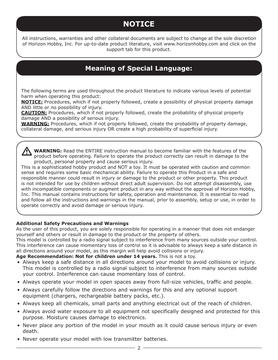 Notice, Meaning of special language | Pro Boat PRB2450S User Manual | Page 2 / 20