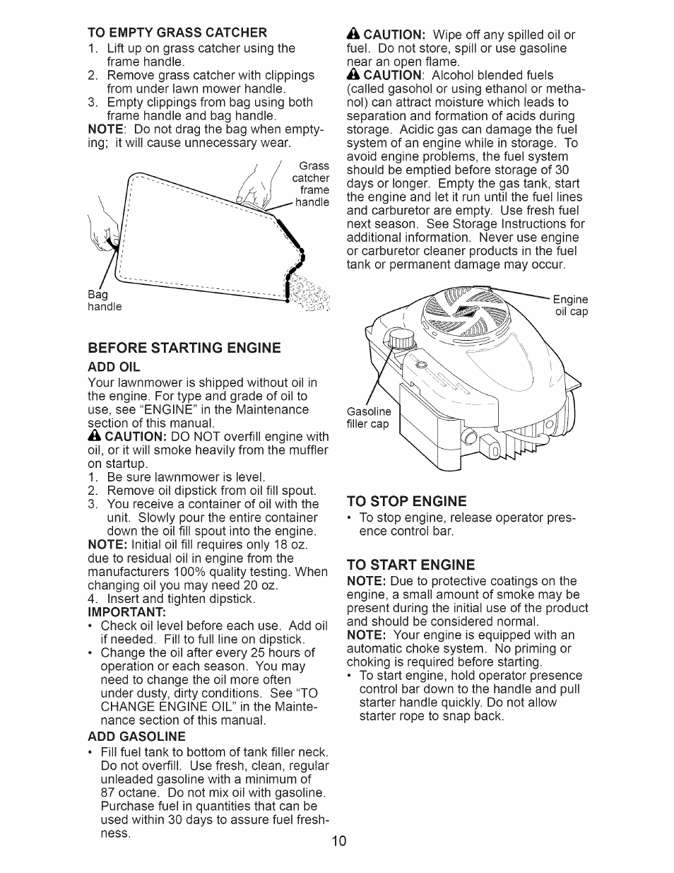 Before starting engine add oil, To stop engine, To start engine | Craftsman 917.374042 User Manual | Page 10 / 48