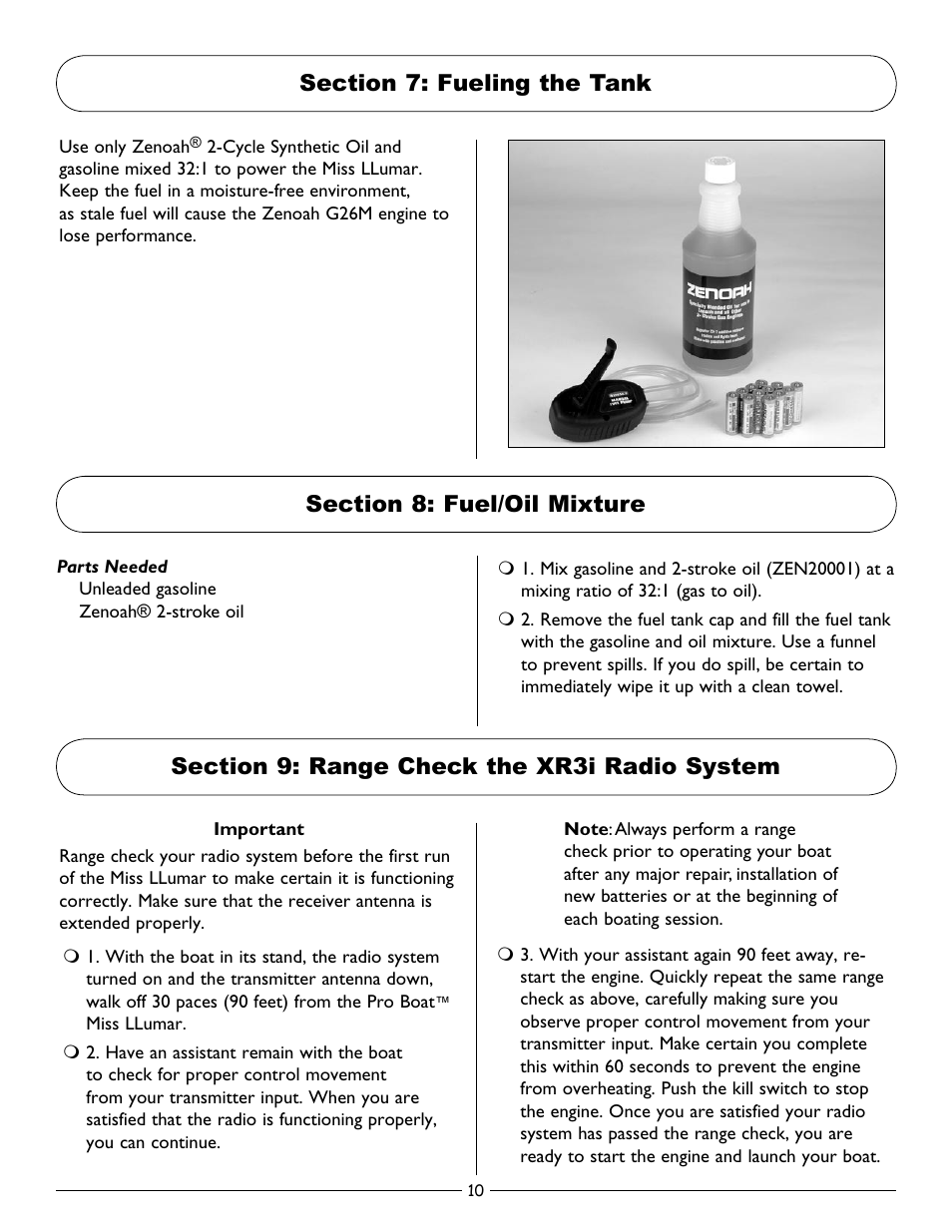 Section 7: fueling the tank, Section 8: fuel/oil mixture, Section 9: range check the xr3i radio system | Pro Boat PRB2550 User Manual | Page 10 / 20