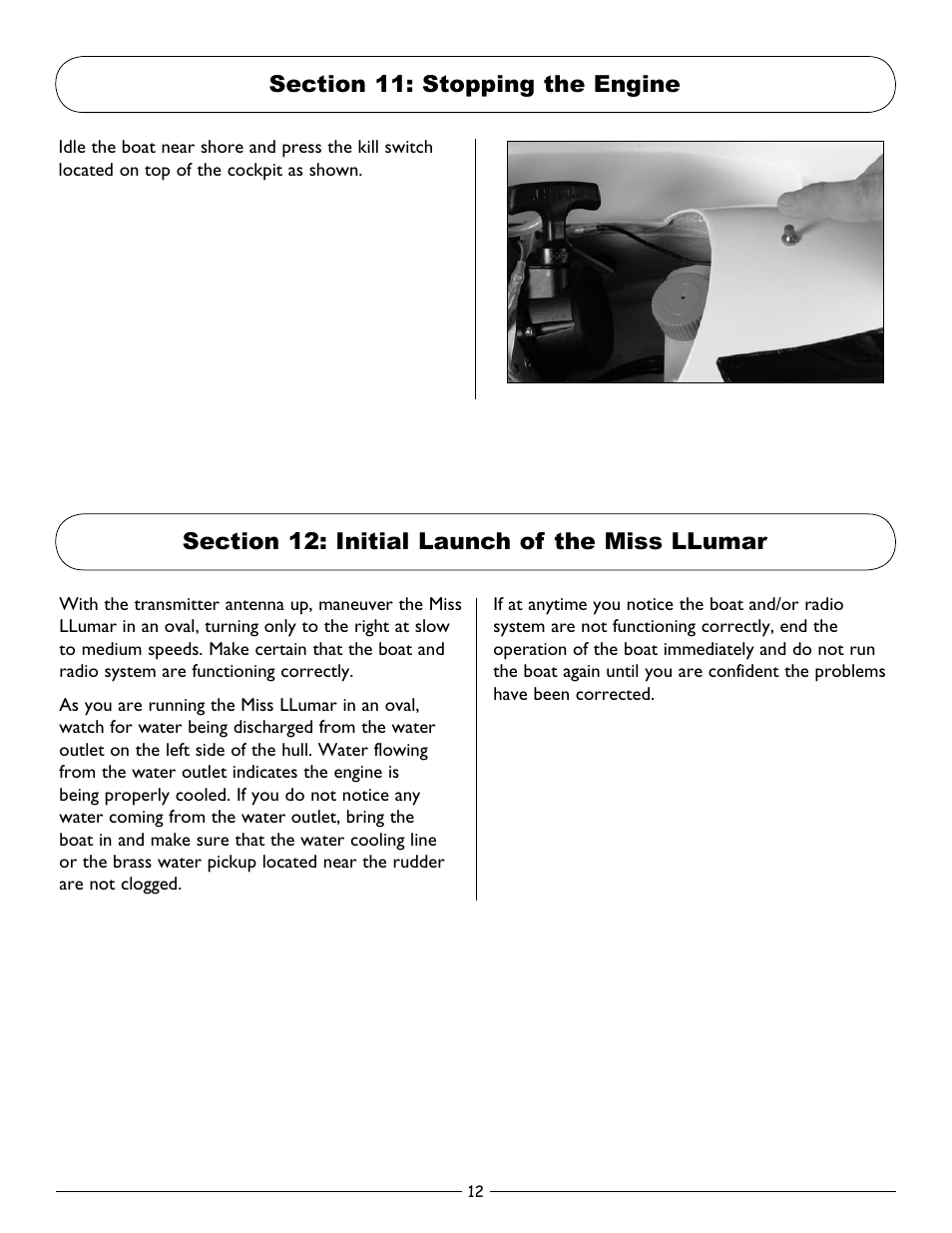 Section 11: stopping the engine, Section 12: initial launch of the miss llumar | Pro Boat PRB2550 User Manual | Page 12 / 20