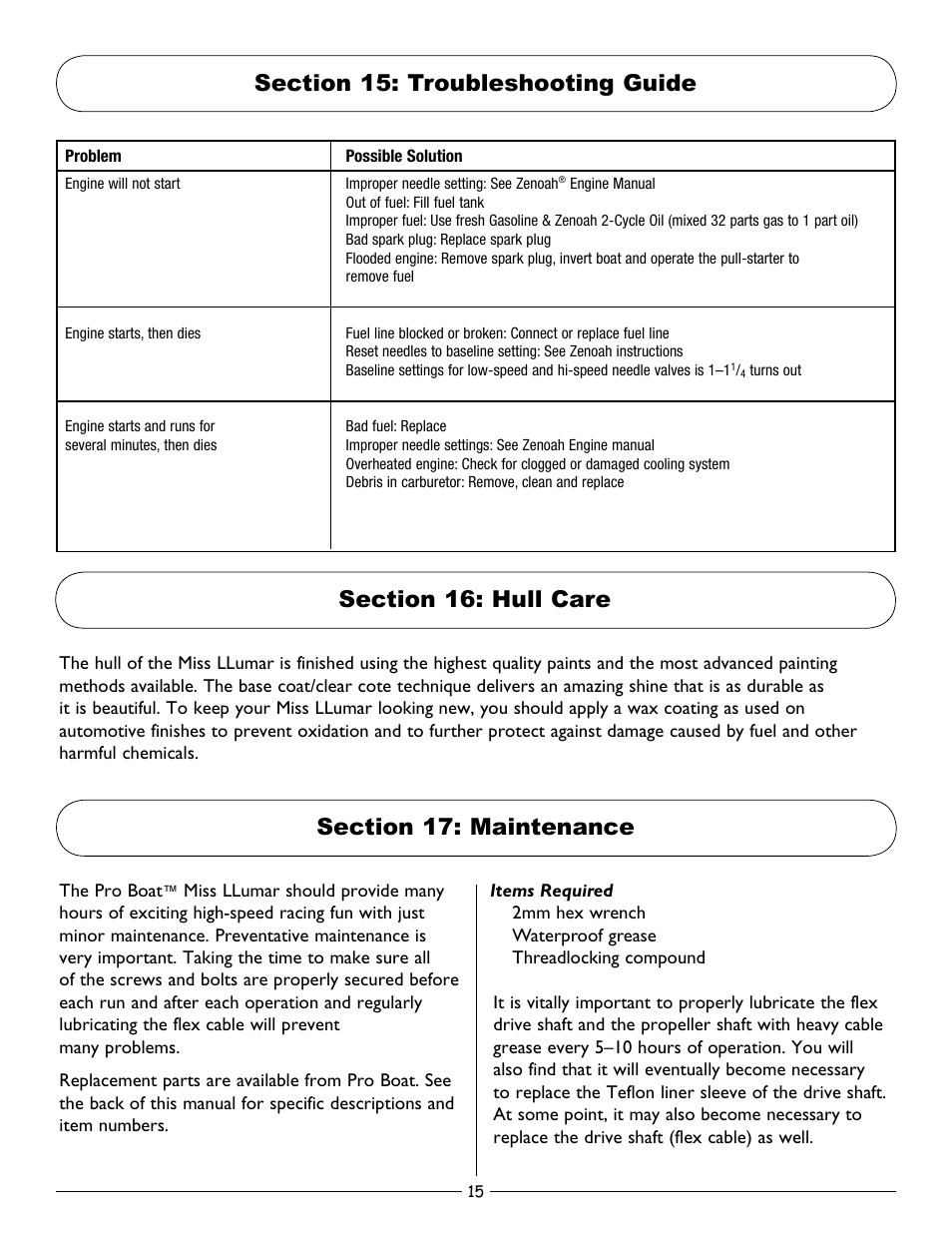 Section 15: troubleshooting guide, Section 16: hull care, Section 17: maintenance | Pro Boat PRB2550 User Manual | Page 15 / 20