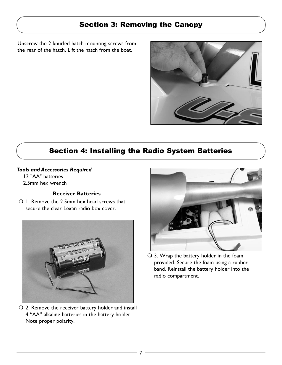 Section 3: removing the canopy, Section 4: installing the radio system batteries | Pro Boat PRB2550 User Manual | Page 7 / 20