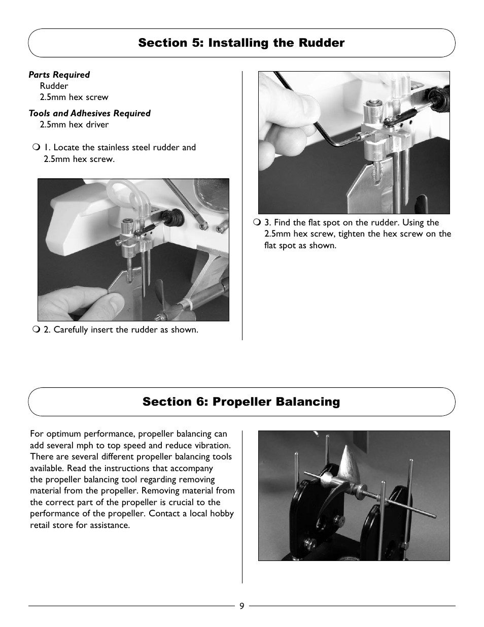 Section 5: installing the rudder, Section 6: propeller balancing | Pro Boat PRB2550 User Manual | Page 9 / 20