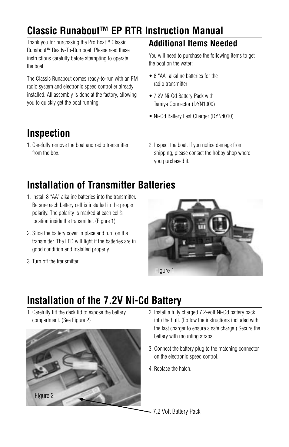 Classic runabout™ ep rtr instruction manual, Installation of the 7.2v ni-cd battery, Inspection | Installation of transmitter batteries, Additional items needed | Pro Boat PRB2600 User Manual | Page 2 / 4