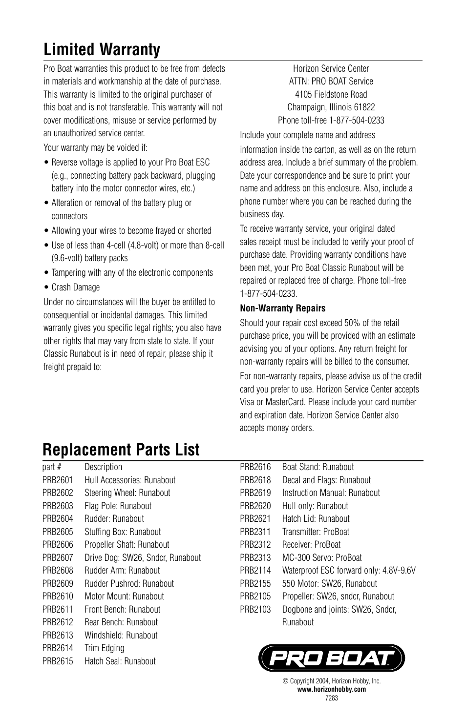 Limited warranty, Replacement parts list | Pro Boat PRB2600 User Manual | Page 4 / 4
