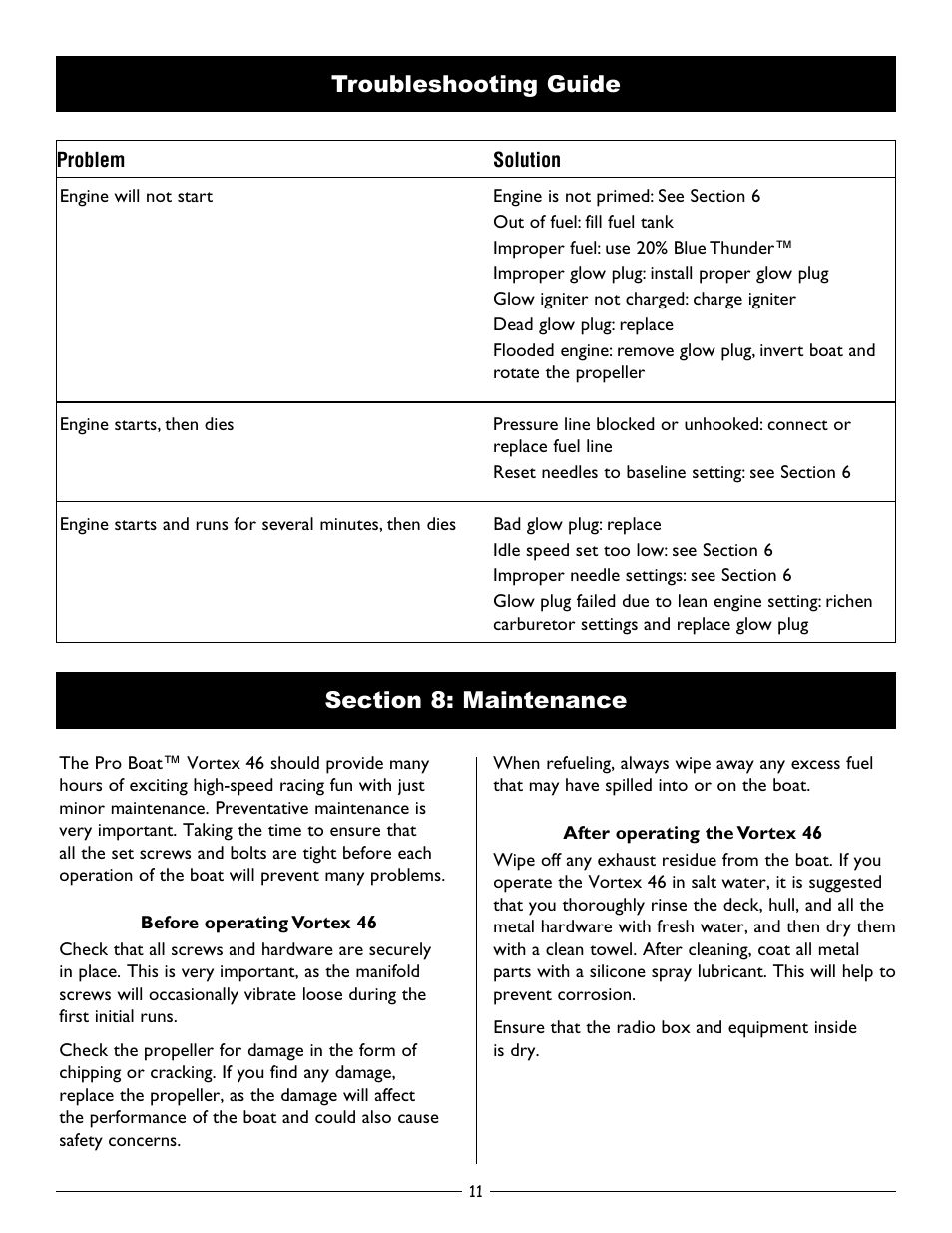 Troubleshooting guide, Section 8: maintenance, Troubleshooting guide section 8: maintenance | Pro Boat PRB2700 User Manual | Page 11 / 16