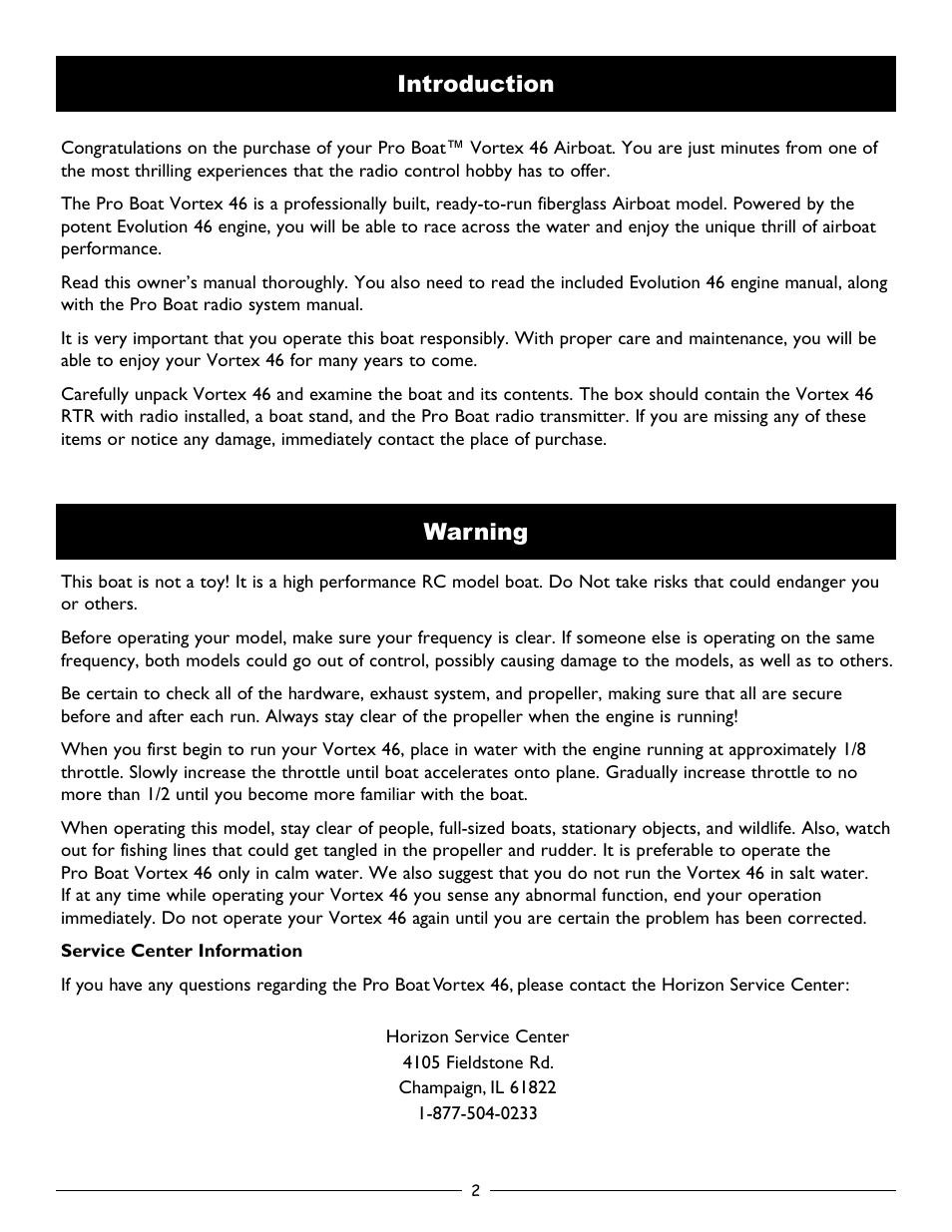 Introduction, Warning, Introduction warning | Pro Boat PRB2700 User Manual | Page 2 / 16