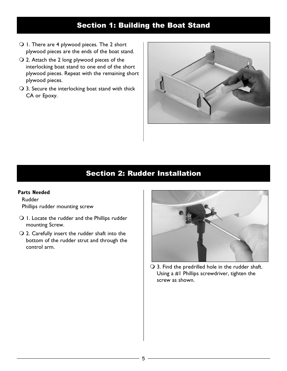 Section 1: building the boat stand, Section 2: rudder installation | Pro Boat PRB2700 User Manual | Page 5 / 16