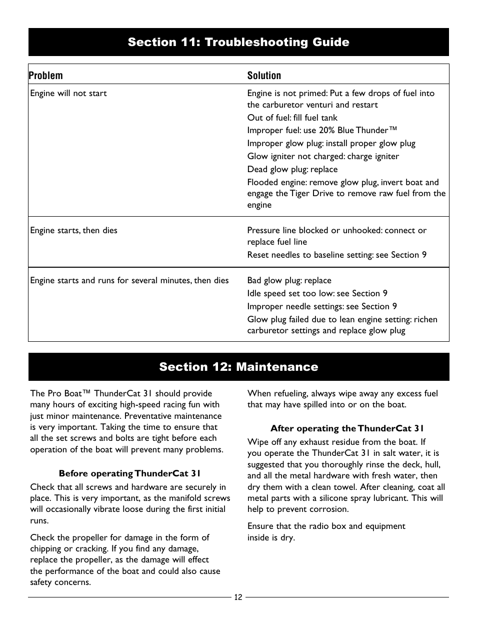 Section 11: troubleshooting guide, Section 12: maintenance | Pro Boat PRB2750 User Manual | Page 12 / 16