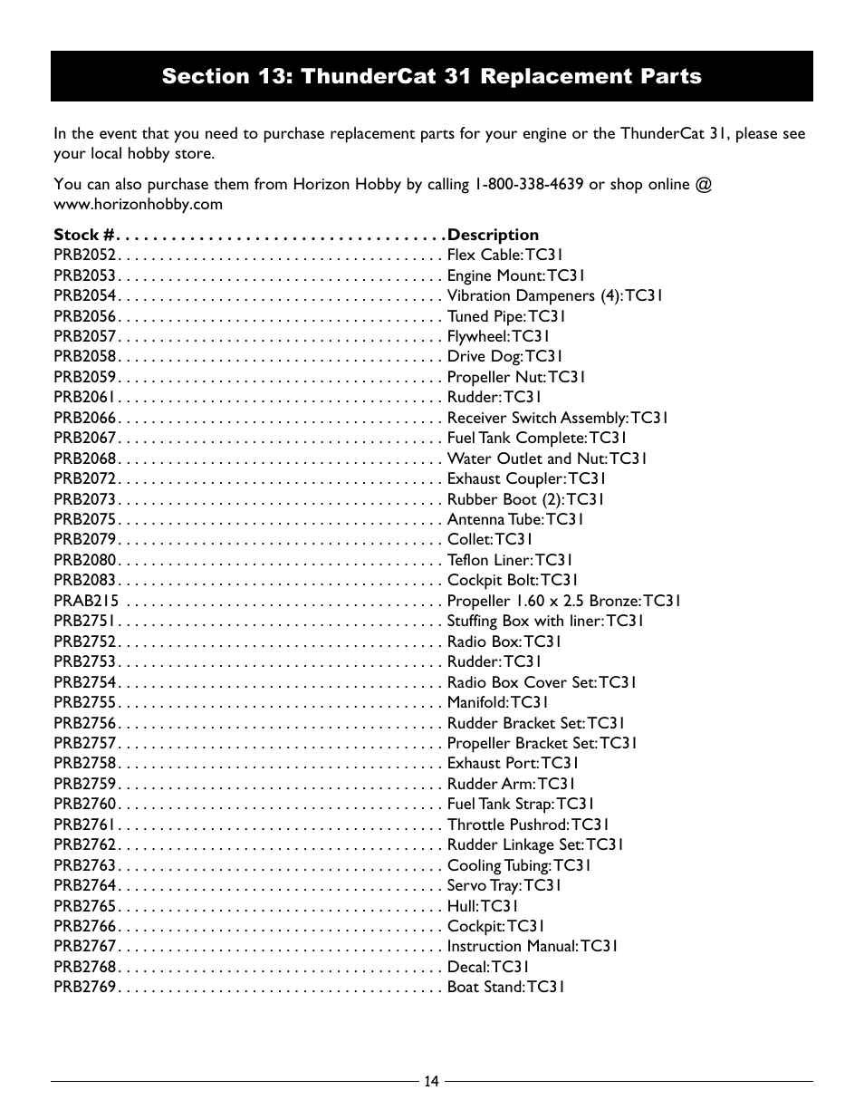 Section 13: thundercat 31 replacement parts | Pro Boat PRB2750 User Manual | Page 14 / 16
