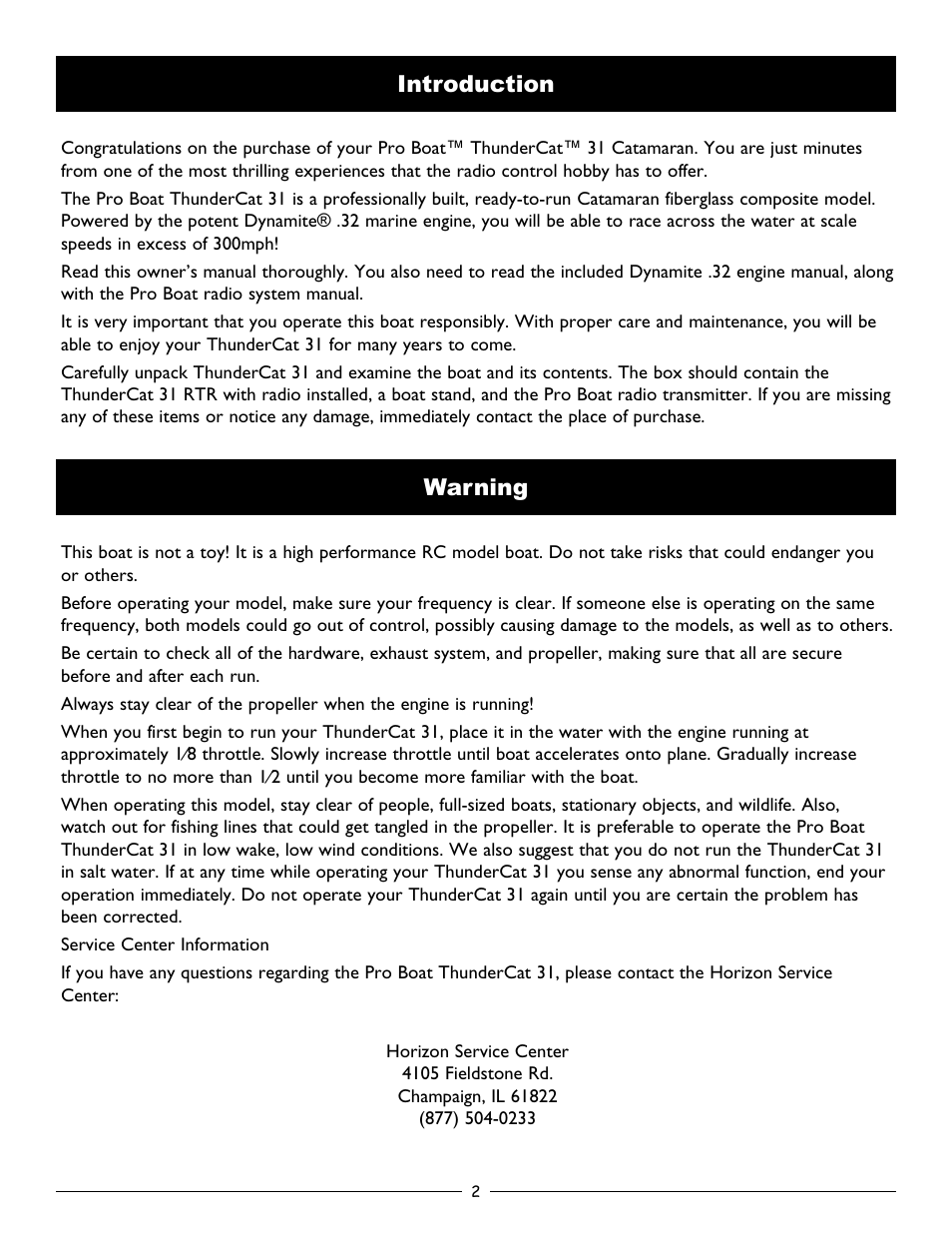 Introduction, Warning, Introduction warning | Pro Boat PRB2750 User Manual | Page 2 / 16