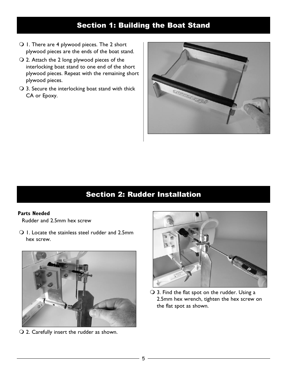 Section 1: building the boat stand, Section 2: rudder installation | Pro Boat PRB2750 User Manual | Page 5 / 16