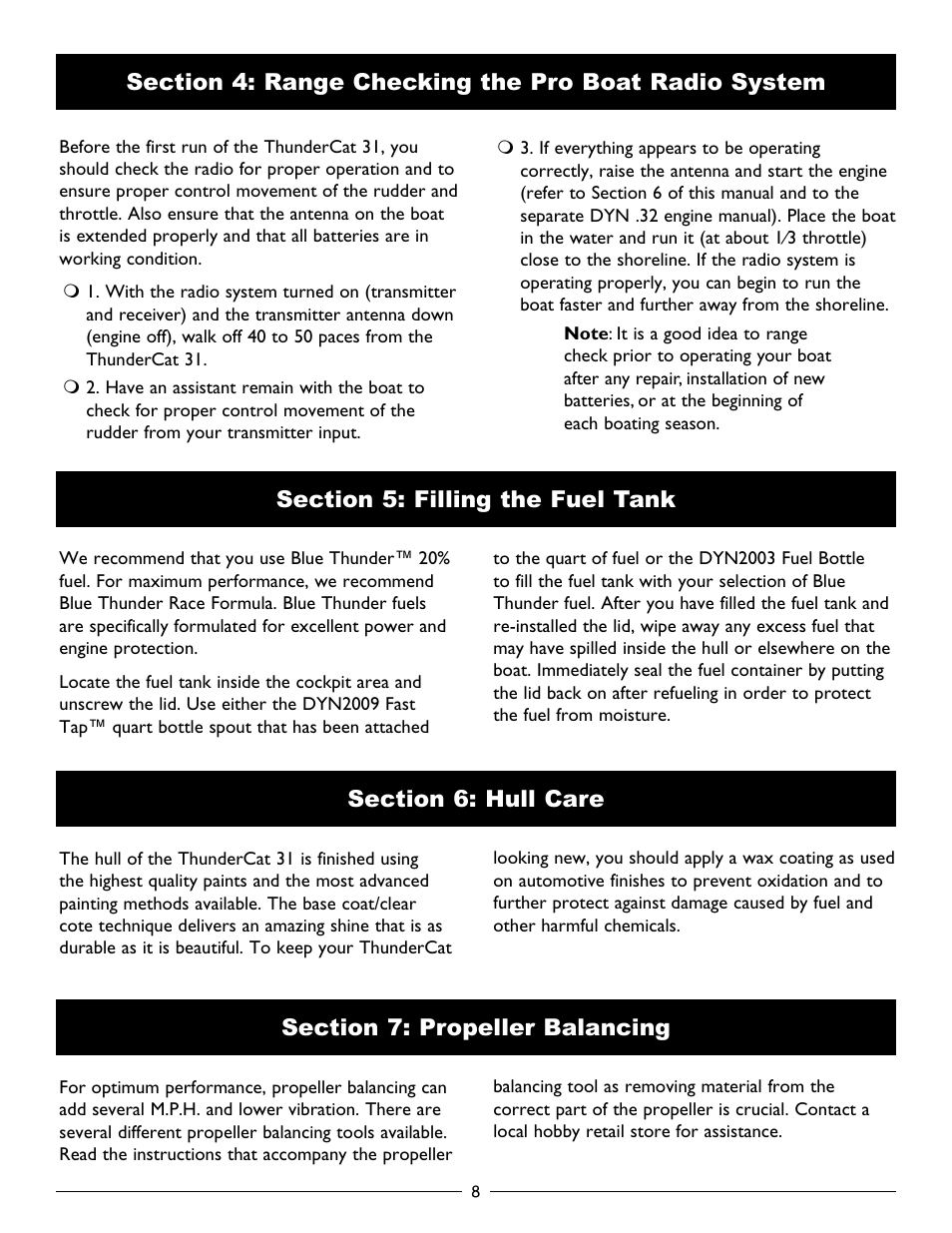 Section 4: range checking the proboat radio system, Section 5: filling the fuel tank, Section 6: hull care | Section 7: propeller balancing | Pro Boat PRB2750 User Manual | Page 8 / 16