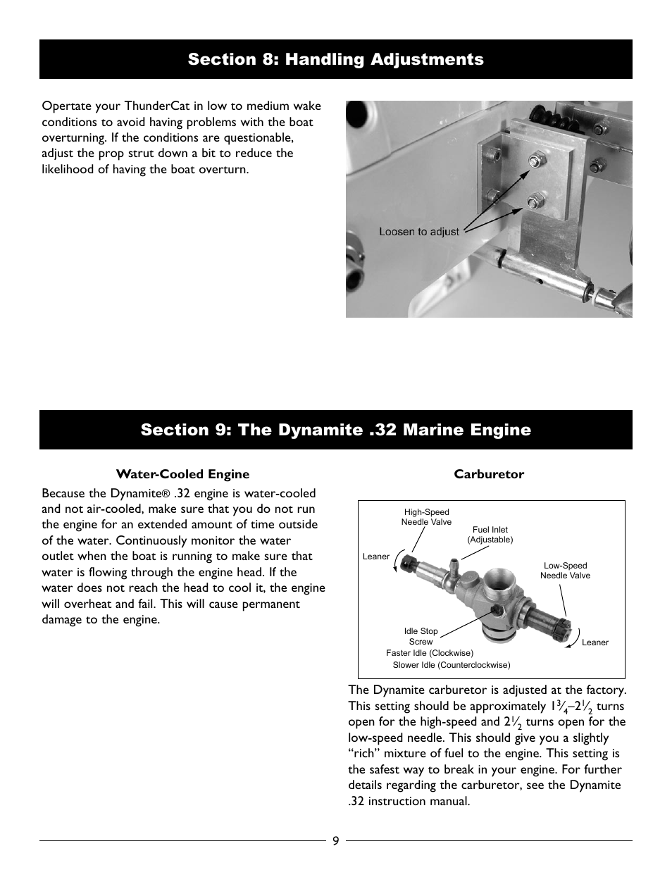 Section 8: handling adjustments, Section 9: the dynamite .32 marine engine | Pro Boat PRB2750 User Manual | Page 9 / 16