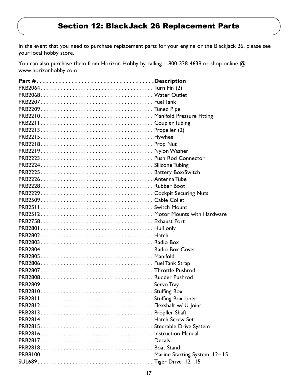 Section 12: blackjack 26 replacement parts | Pro Boat PRB2800 User Manual | Page 17 / 20