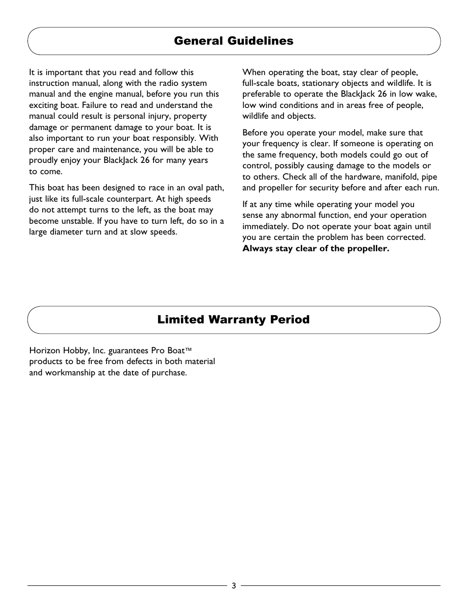 General guidelines, Limited warranty period, General guidelines limited warranty period | Limited warranty period general guidelines | Pro Boat PRB2800 User Manual | Page 3 / 20