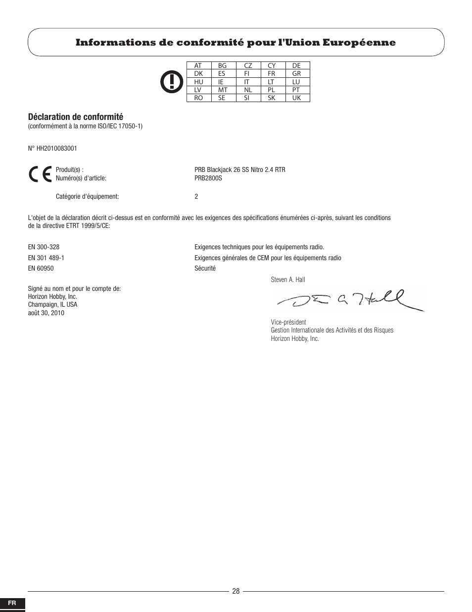 Informations de conformité pour l'union européenne, Déclaration de conformité | Pro Boat PRB2800S User Manual | Page 28 / 44