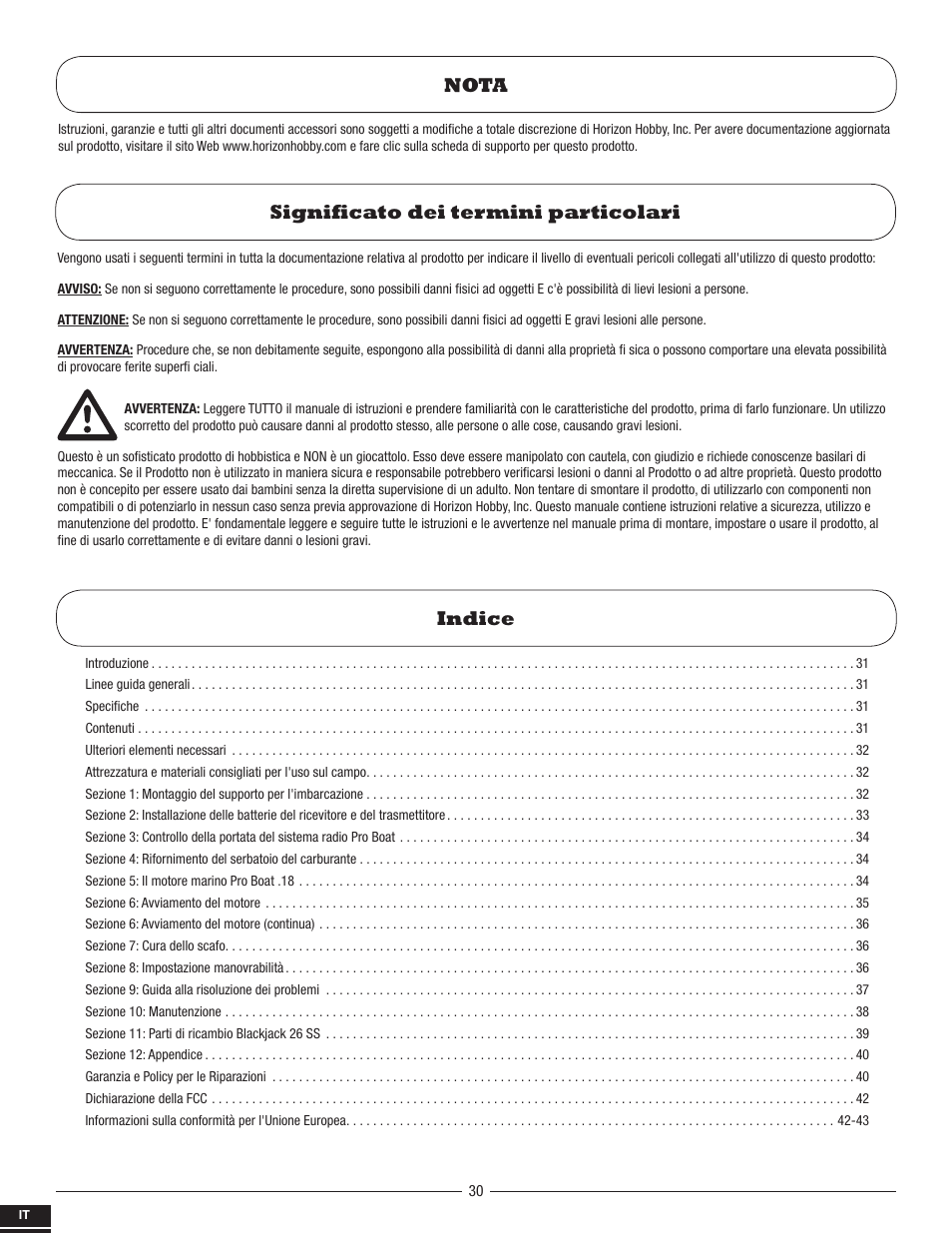 Indice significato dei termini particolari nota | Pro Boat PRB2800S User Manual | Page 30 / 44