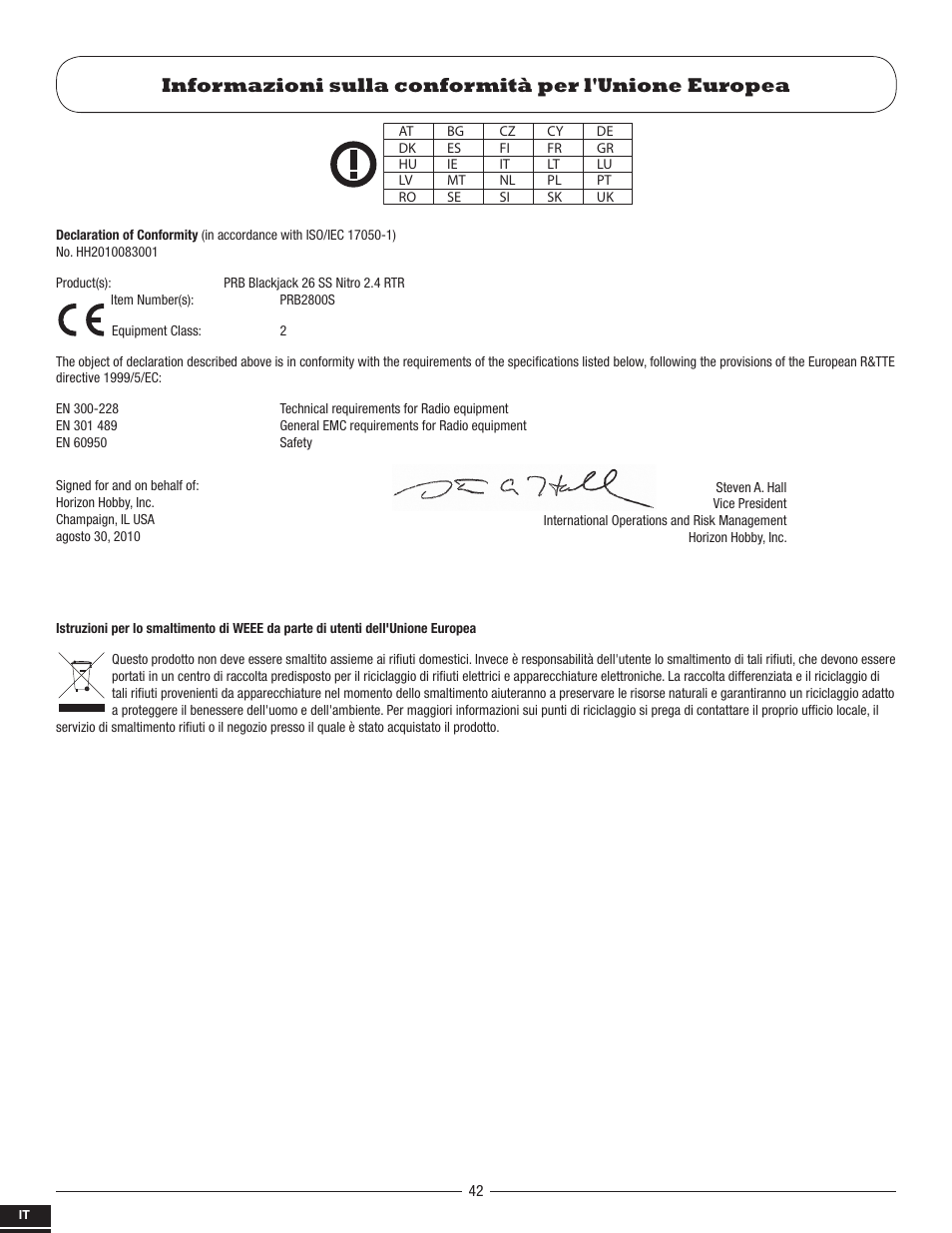 Informazioni sulla conformità per l'unione europea | Pro Boat PRB2800S User Manual | Page 42 / 44