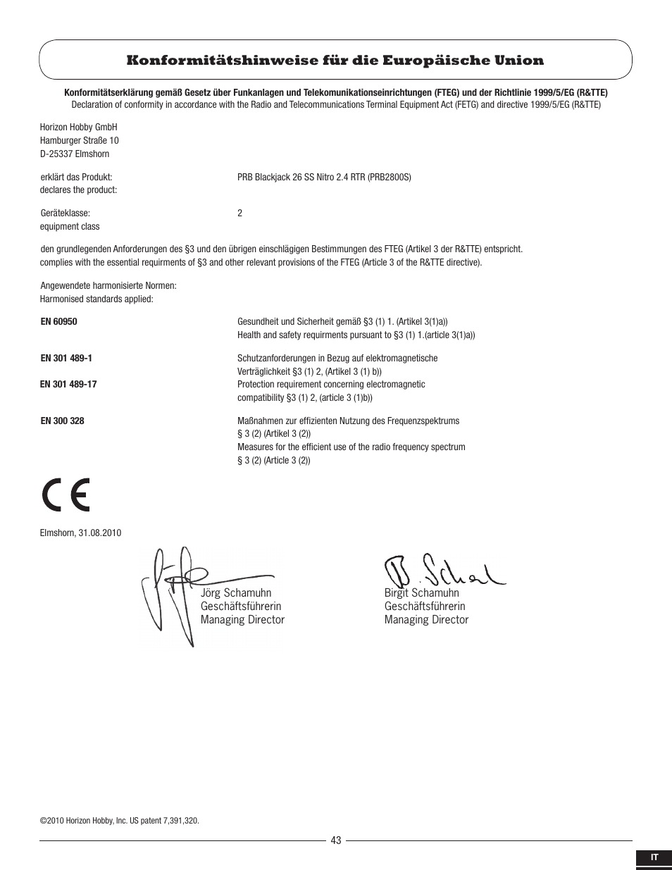 Konformitätshinweise für die europäische union | Pro Boat PRB2800S User Manual | Page 43 / 44