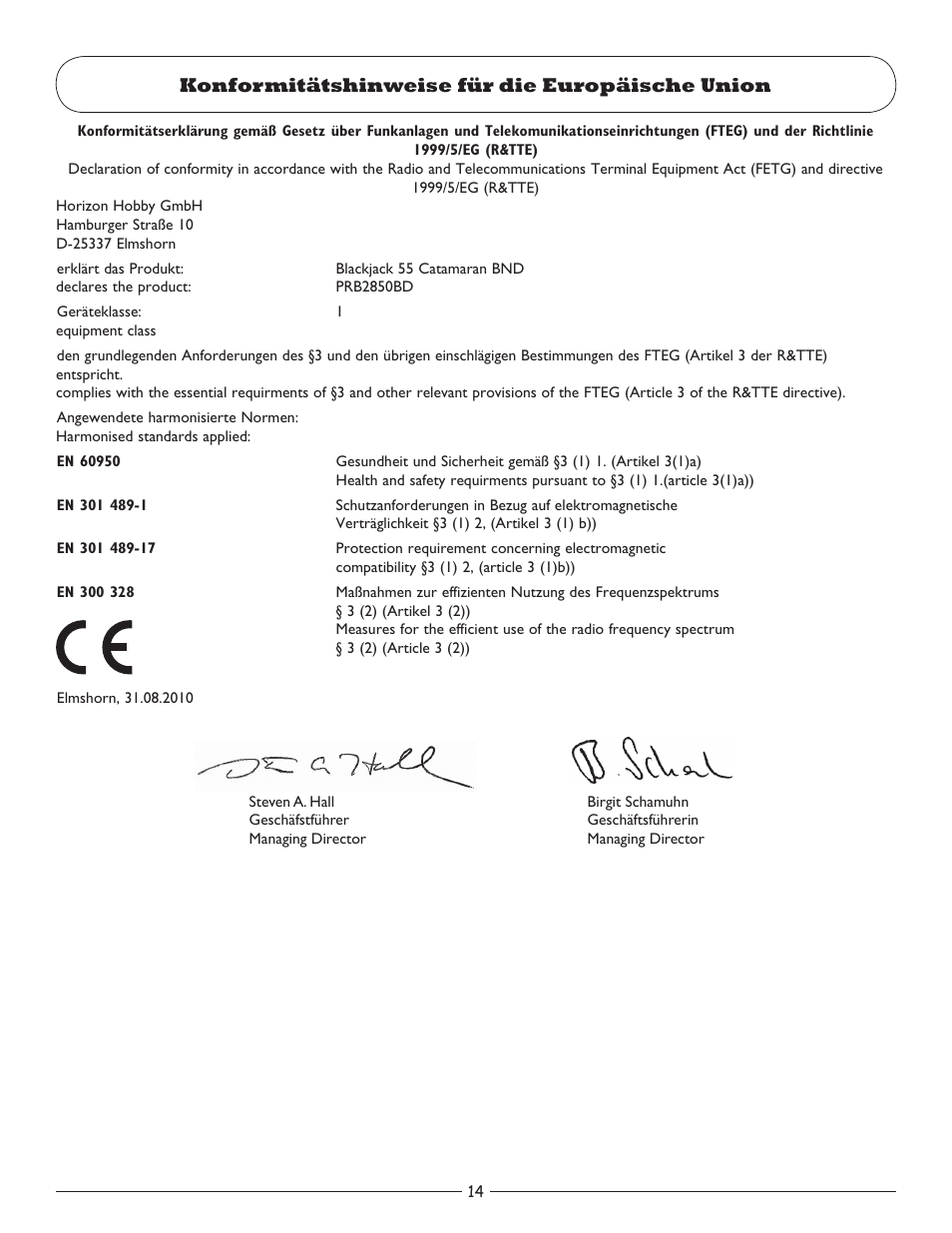 Konformitätshinweise für die europäische union | Pro Boat PRB2850BD User Manual | Page 14 / 16