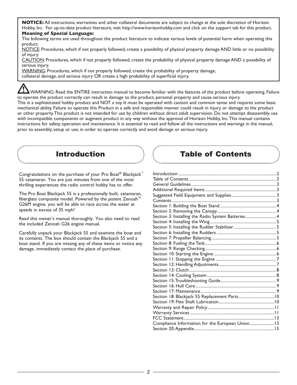 Table of contents introduction | Pro Boat PRB2850BD User Manual | Page 2 / 16