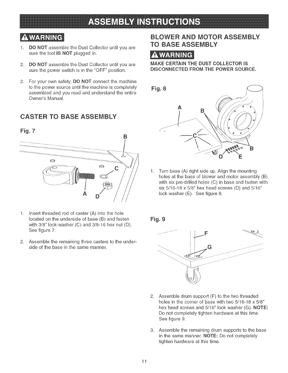 Caster to base assembly, Blower and motor assembly to base assembly, Awarning | Warning | Craftsman 152.213371 User Manual | Page 11 / 48