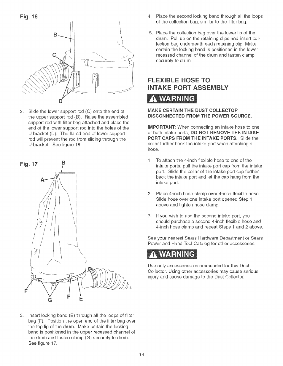 A warning, Flexible hose to intake port assembly | Craftsman 152.213371 User Manual | Page 14 / 48