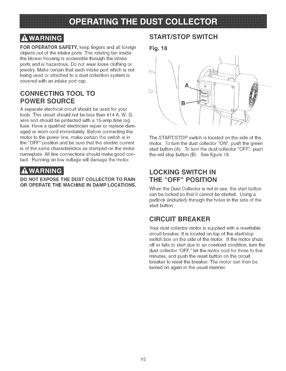 Connecting tool to power source, Start/stop switch, Locking switch in the "off" position | Circuit breaker | Craftsman 152.213371 User Manual | Page 15 / 48