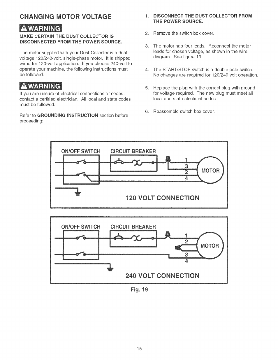 Changing motor voltage, Awarning, 240 volt connection | Warning | Craftsman 152.213371 User Manual | Page 16 / 48