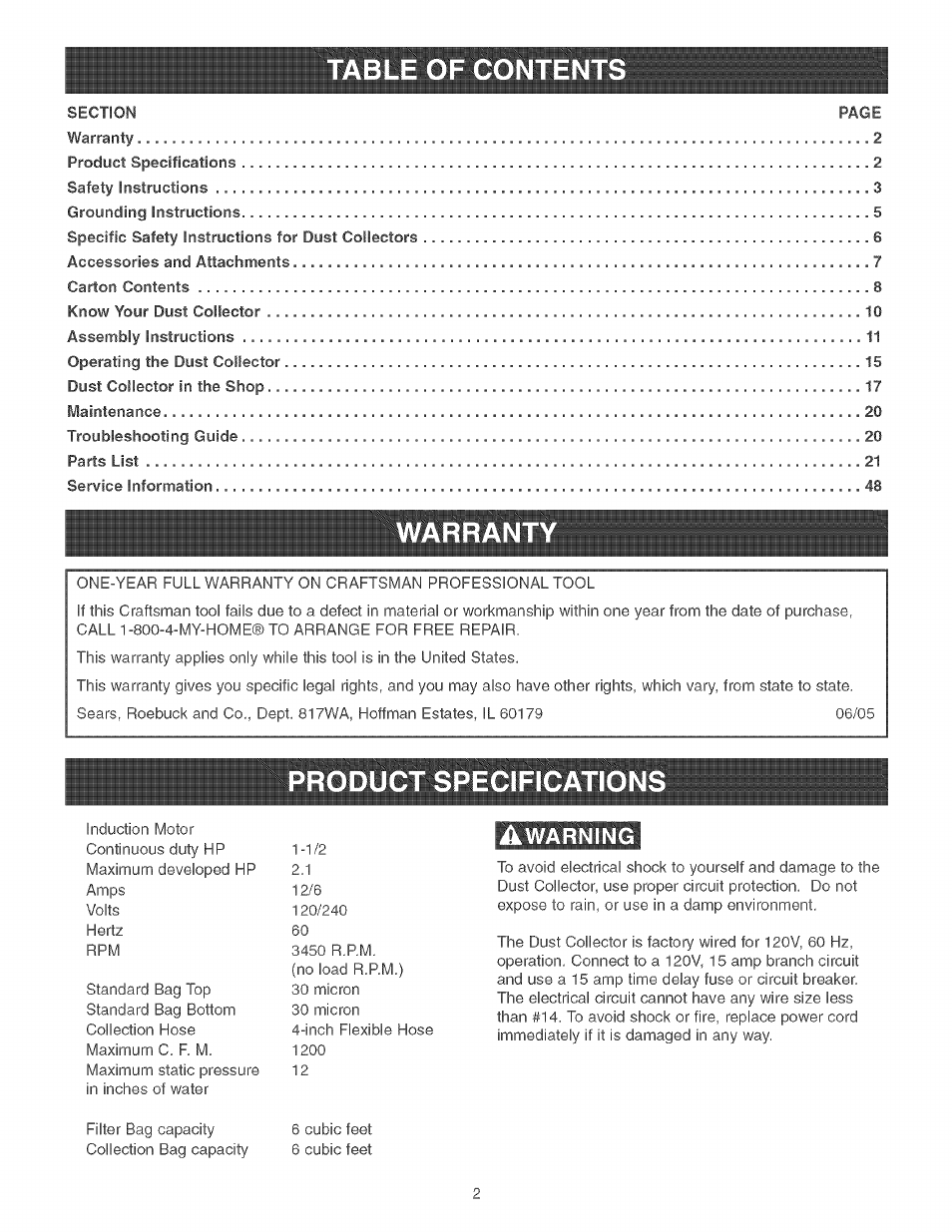 Awarning, Warrant product specification, Warning | Craftsman 152.213371 User Manual | Page 2 / 48
