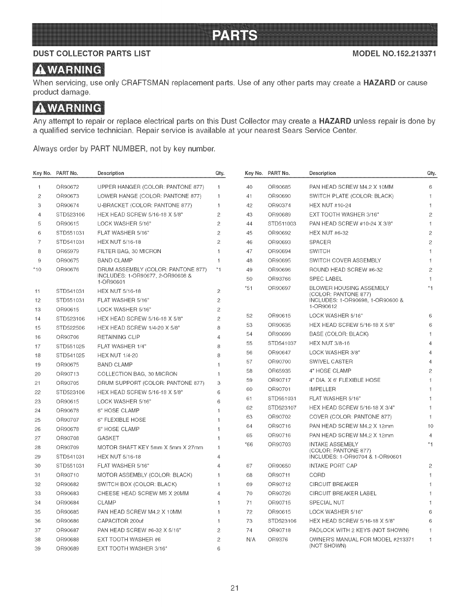 Awarning, Warning | Craftsman 152.213371 User Manual | Page 21 / 48